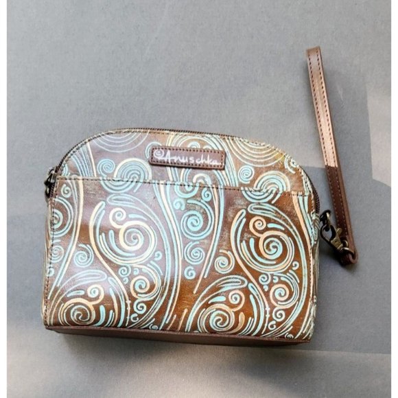 Anuschka Handbags - Anuschka Twin Top Wallet Wrislet Organizer Makeup Bag Tooled Waves Small Purse